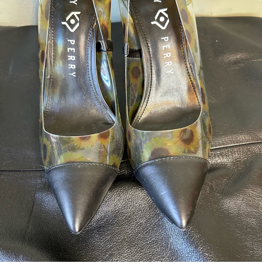 Katy Perry Black Clear Floral Sunflower The Meline Heeled Pumps Shoes - Picture 7 of 14